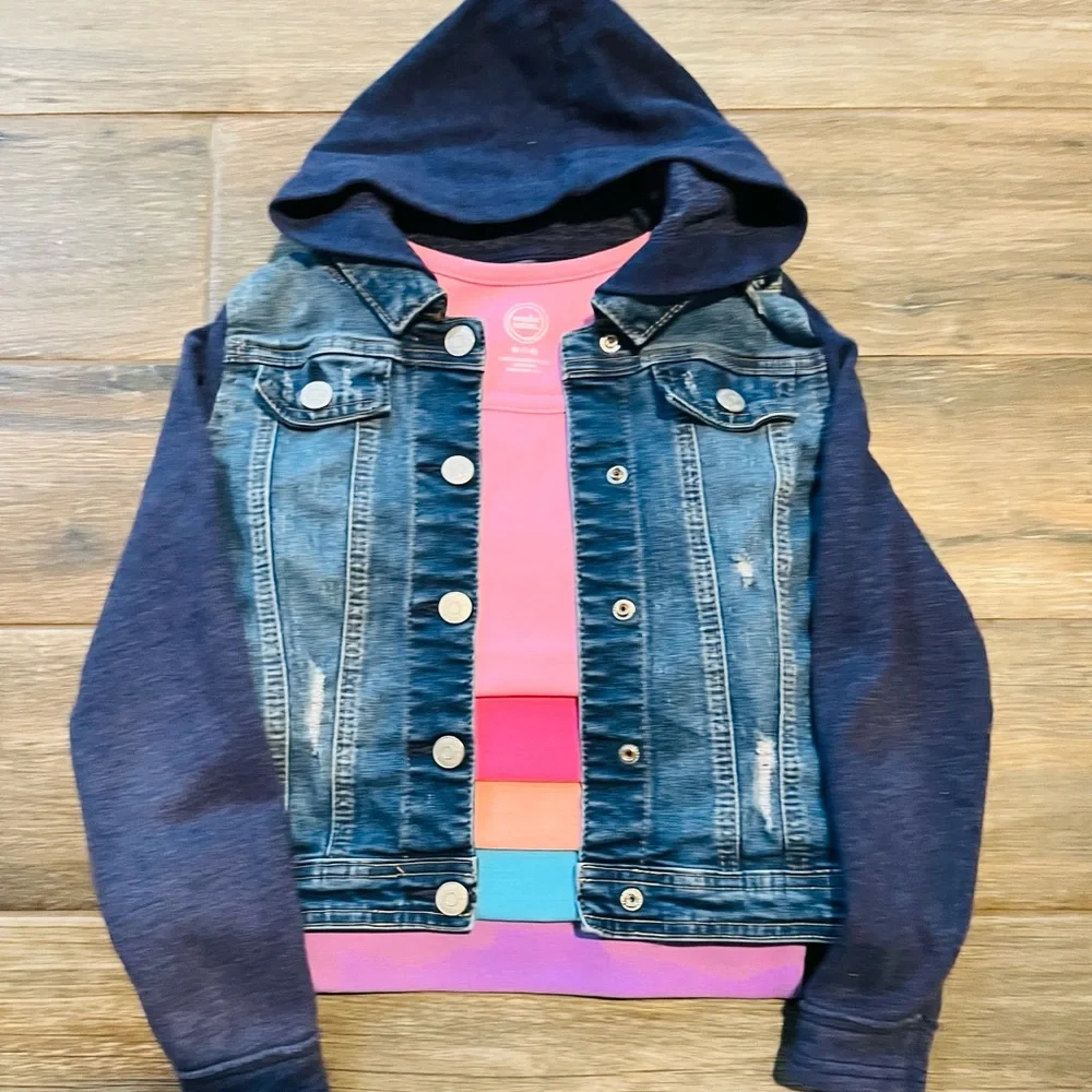 6 Pcs Bundle Justice Denim Hoodie Jacket and 5 Colorful Tank Tops Girls Size 8